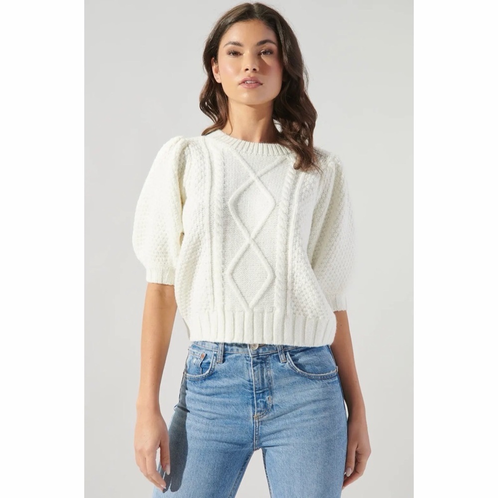 Sugarlips Ivory Cable Knit Puff Sleeve Sweater Short sleeve Top XS oversized